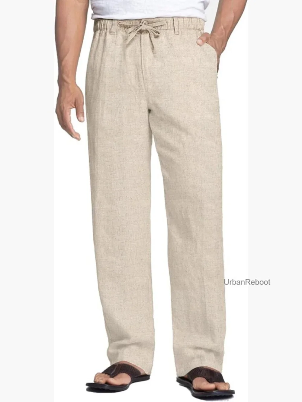 Men's Linen Pants Elastic Waist Drawstring Lightweight Casual Beach Trousers